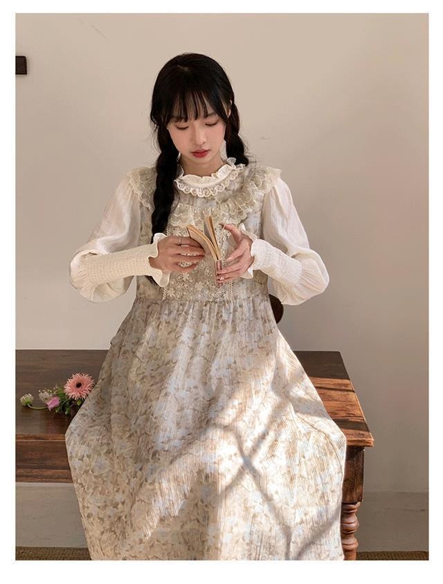 ChicShe Spring Sweet Girl - Abito con gilet sfumato di media lunghezza in pizzo patchwork + camicia a maniche lunghe, set da due pezzi_voghion.com