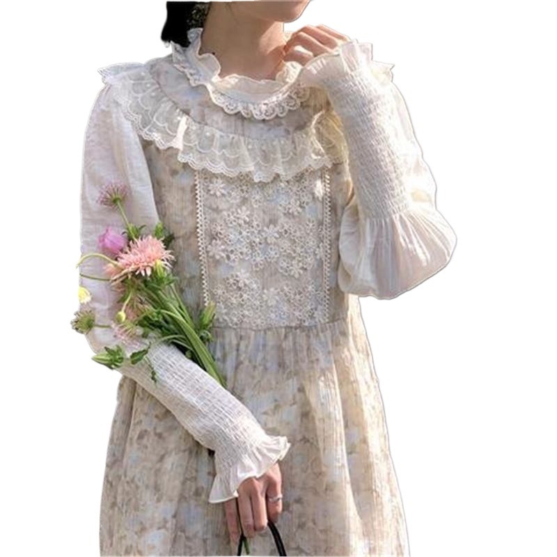 ChicShe Spring Sweet Girl - Abito con gilet sfumato di media lunghezza in pizzo patchwork + camicia a maniche lunghe, set da due pezzi_voghion.com