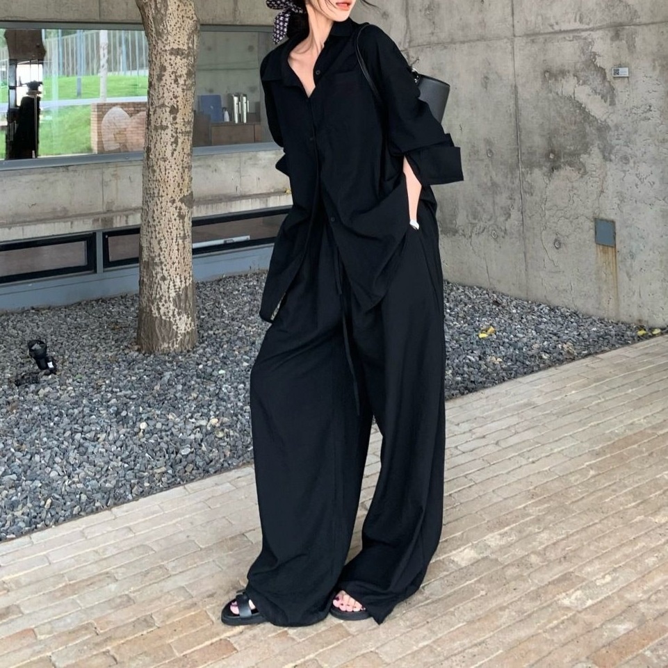 ChicShe Chemise polo blanche à col polo, coupe ample, pantalon large, ensemble deux pièces tendance été décontracté pour femme_voghion.com