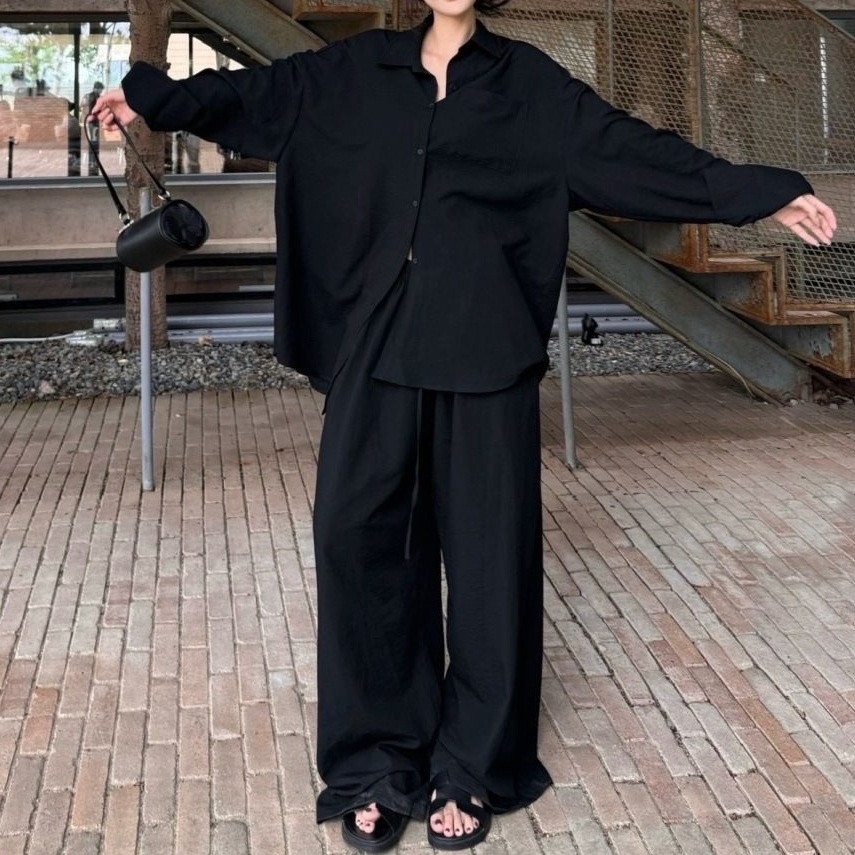 ChicShe Chemise polo blanche à col polo, coupe ample, pantalon large, ensemble deux pièces tendance été décontracté pour femme_voghion.com