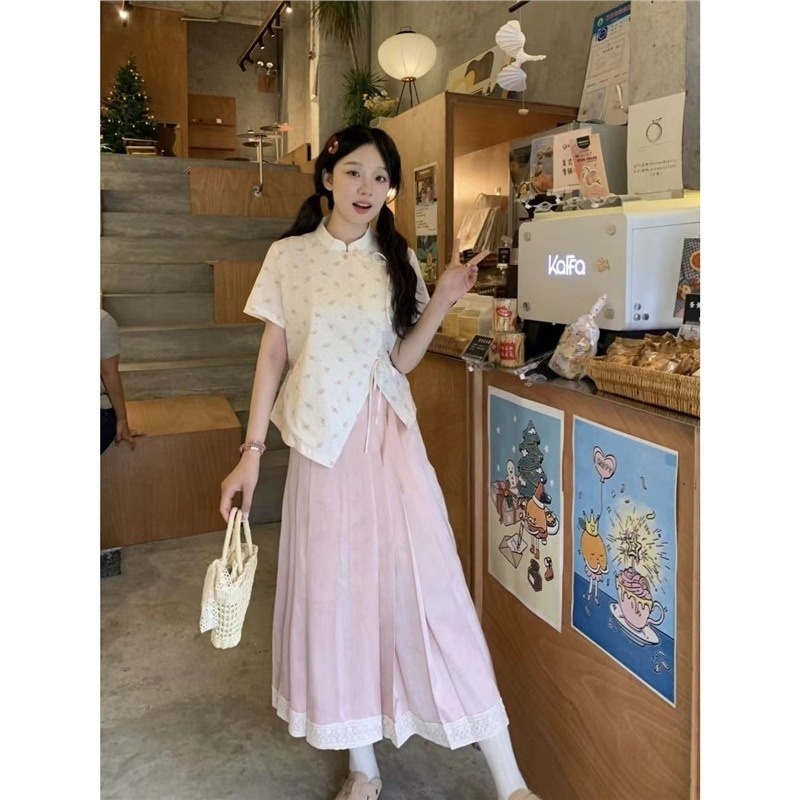 ChicShe Two-Piece New Chinese Style Floral Stand Collar Shirt For Women + Pink Bamboo Pleated Skirt Set_voghion.com