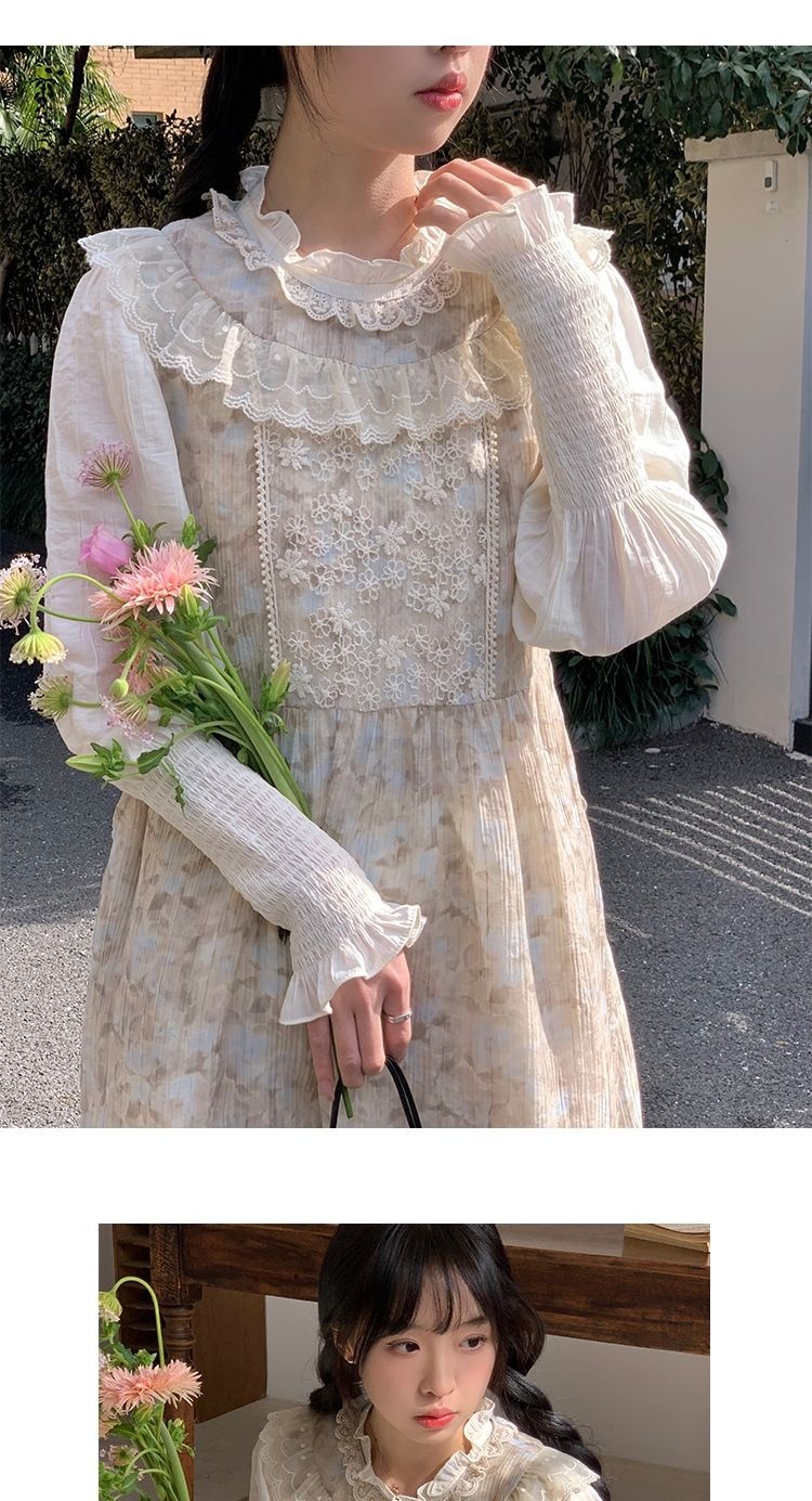 ChicShe Spring Sweet Girl - Abito con gilet sfumato di media lunghezza in pizzo patchwork + camicia a maniche lunghe, set da due pezzi_voghion.com