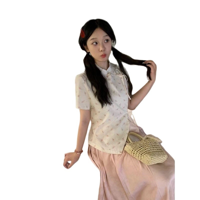 ChicShe Two-Piece New Chinese Style Floral Stand Collar Shirt For Women + Pink Bamboo Pleated Skirt Set_voghion.com