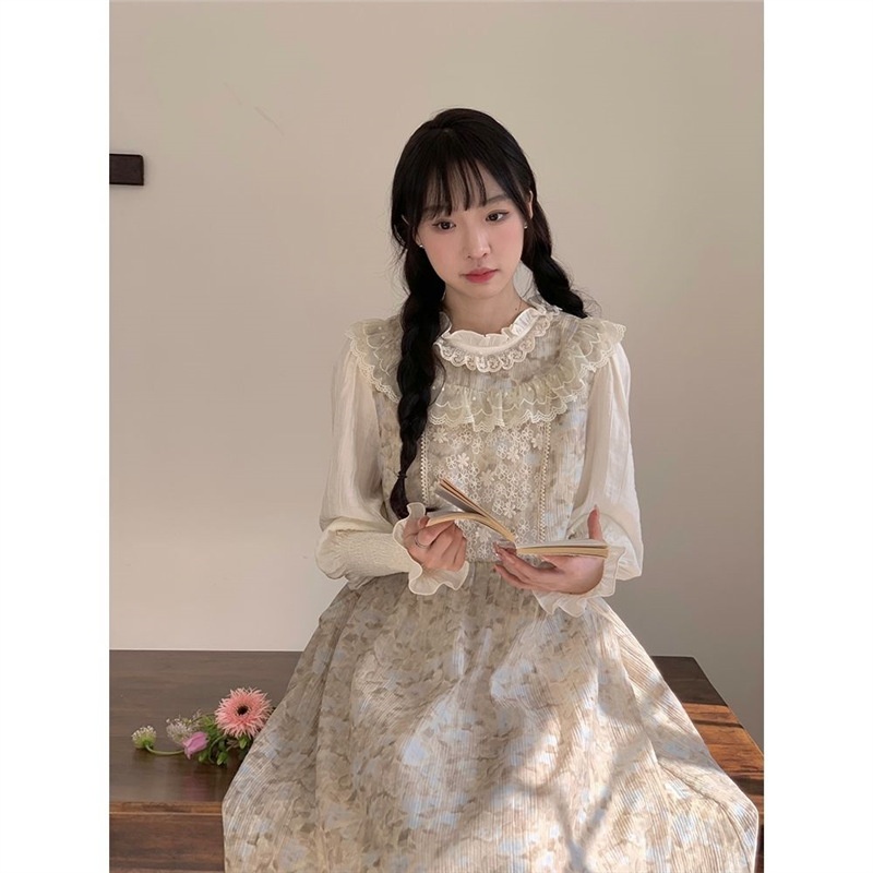 ChicShe Spring Sweet Girl - Abito con gilet sfumato di media lunghezza in pizzo patchwork + camicia a maniche lunghe, set da due pezzi_voghion.com