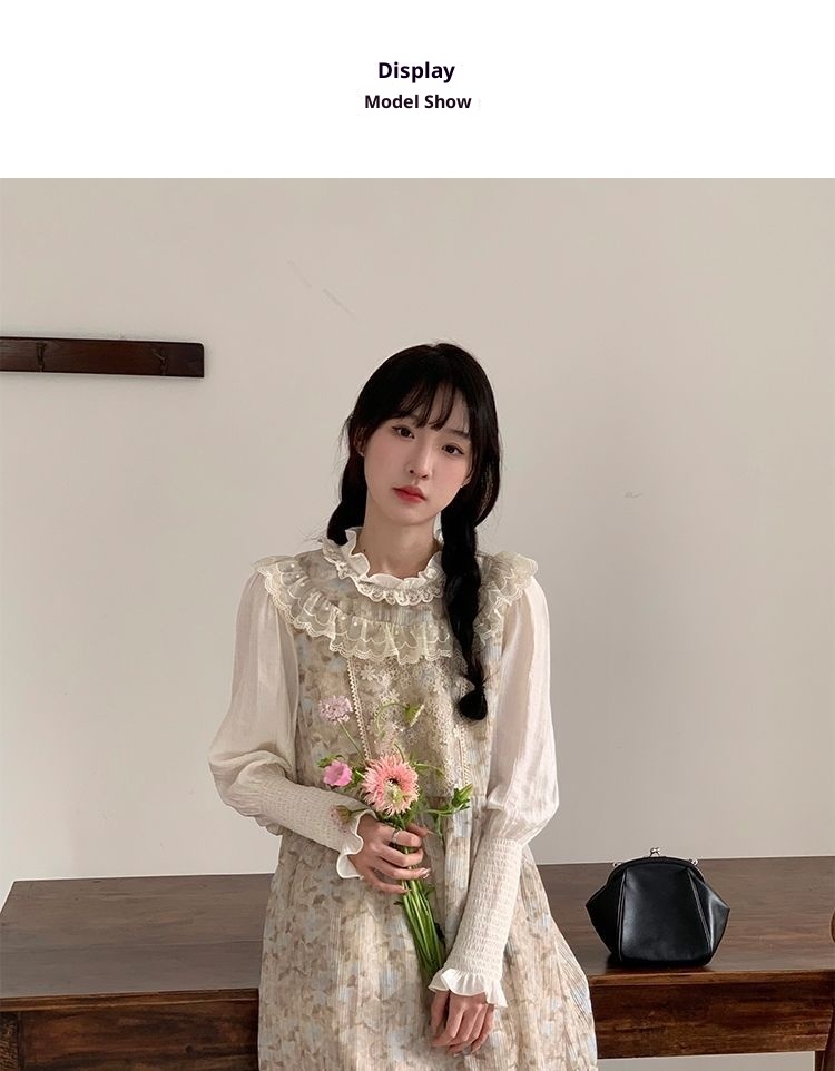 ChicShe Spring Sweet Girl - Abito con gilet sfumato di media lunghezza in pizzo patchwork + camicia a maniche lunghe, set da due pezzi_voghion.com