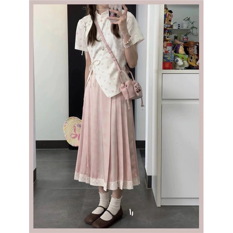 ChicShe Two-Piece New Chinese Style Floral Stand Collar Shirt For Women + Pink Bamboo Pleated Skirt Set_voghion.com