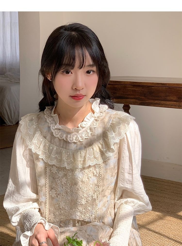 ChicShe Spring Sweet Girl - Abito con gilet sfumato di media lunghezza in pizzo patchwork + camicia a maniche lunghe, set da due pezzi_voghion.com