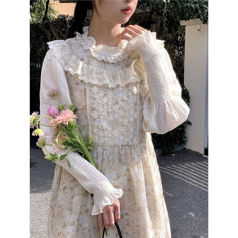 ChicShe Spring Sweet Girl - Abito con gilet sfumato di media lunghezza in pizzo patchwork + camicia a maniche lunghe, set da due pezzi_voghion.com