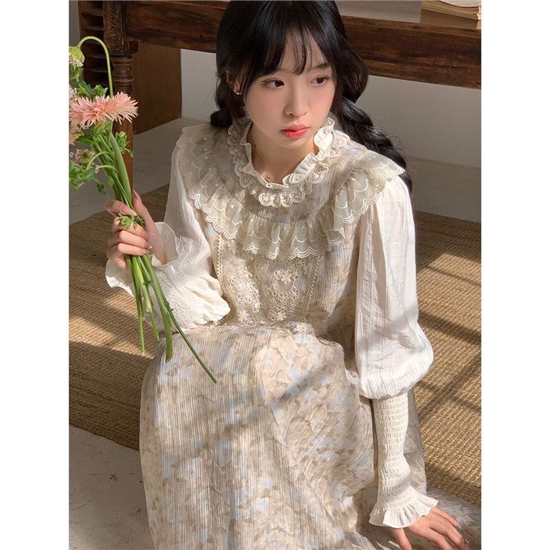 ChicShe Spring Sweet Girl - Abito con gilet sfumato di media lunghezza in pizzo patchwork + camicia a maniche lunghe, set da due pezzi_voghion.com