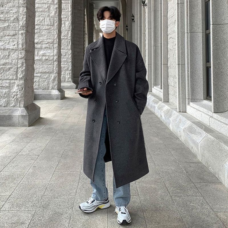 boy Boy Boy Winter Wool Coat For Men, Hong Kong Style, Mid-Length, Over-the-Knee, Thickened, Loose Fit, High-End Woolen Trench Coat,_voghion.com