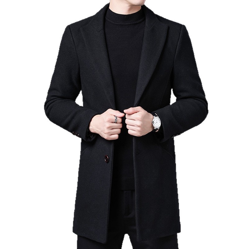 Boy Boy Boy Woll-Trenchcoat im koreanischen Stil, schmale Passform, Herbst/Winter 2025, trendiger, mittellanger Trenchcoat für Herren mittleren Alters, Wolljacke_voghion.com