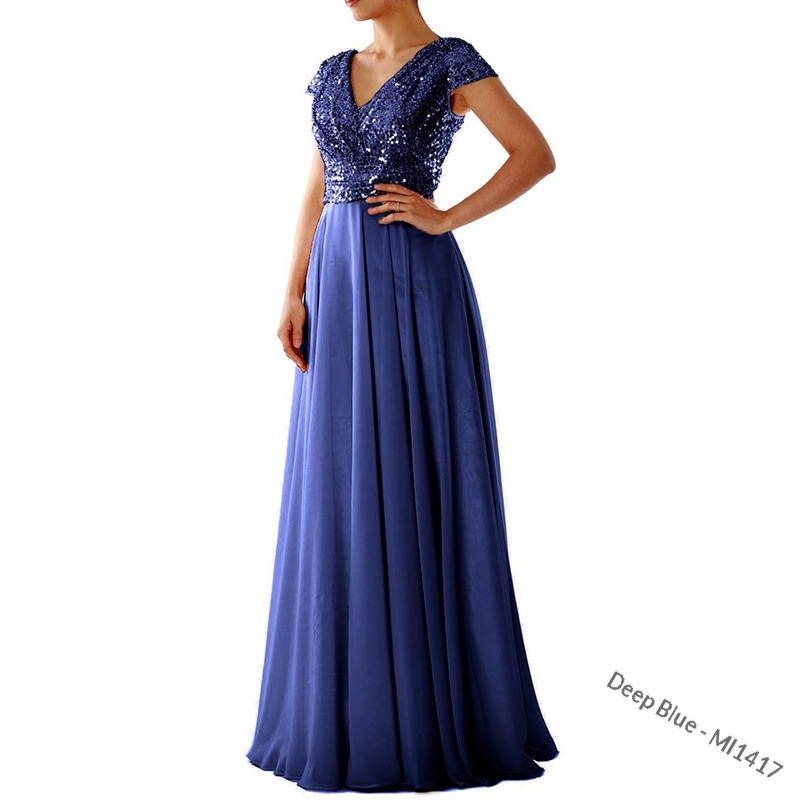 ChicShe 2025 Abito lungo da sera in chiffon patchwork con scollo a V e paillettes, nuovo commercio estero estivo_voghion.com