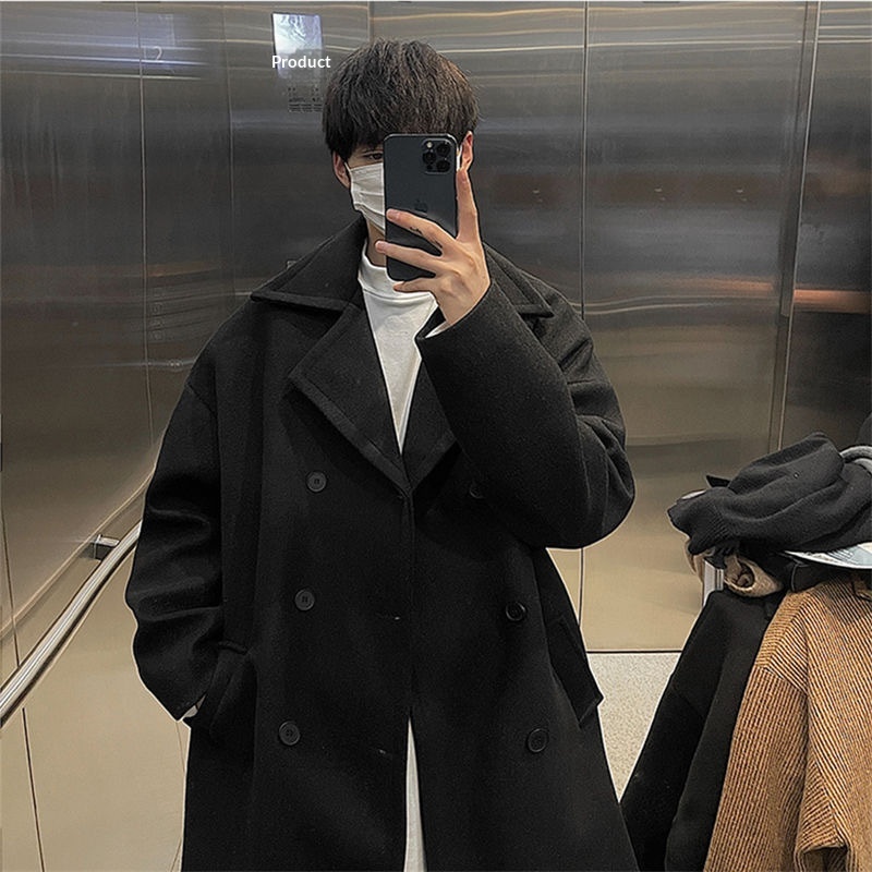 boy Boy Boy Winter Wool Coat For Men, Hong Kong Style, Mid-Length, Over-the-Knee, Thickened, Loose Fit, High-End Woolen Trench Coat,_voghion.com