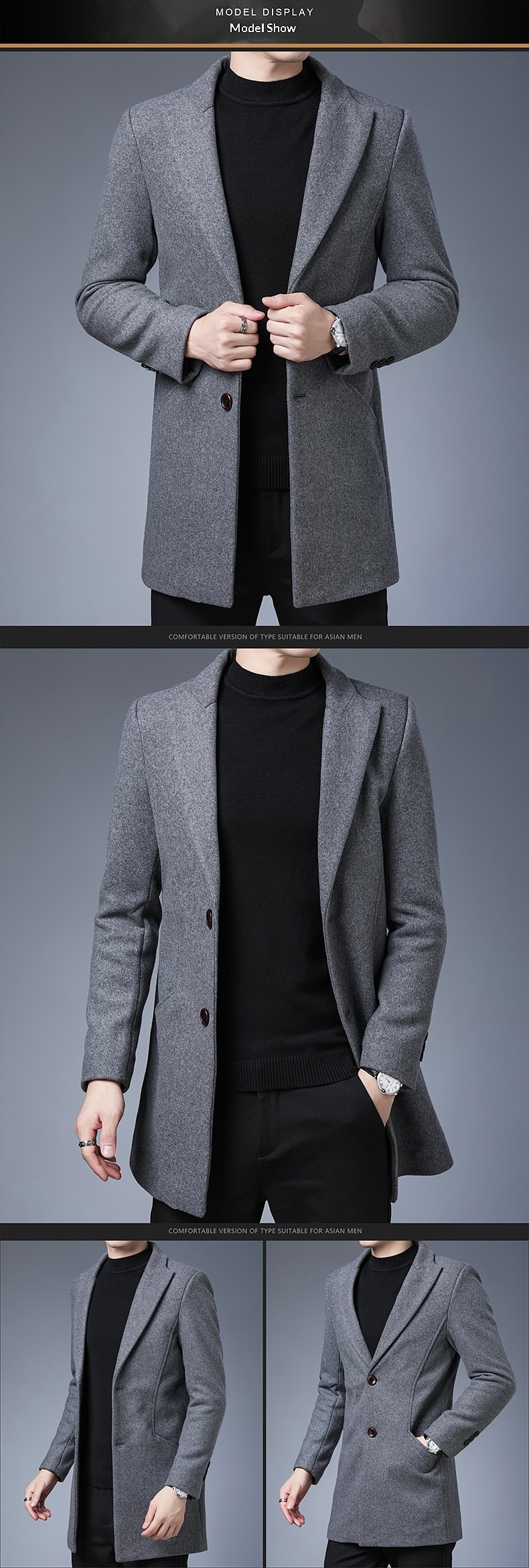 Boy Boy Boy Woll-Trenchcoat im koreanischen Stil, schmale Passform, Herbst/Winter 2025, trendiger, mittellanger Trenchcoat für Herren mittleren Alters, Wolljacke_voghion.com