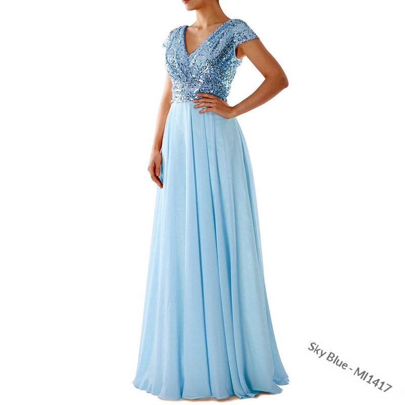 ChicShe 2025 Abito lungo da sera in chiffon patchwork con scollo a V e paillettes, nuovo commercio estero estivo_voghion.com