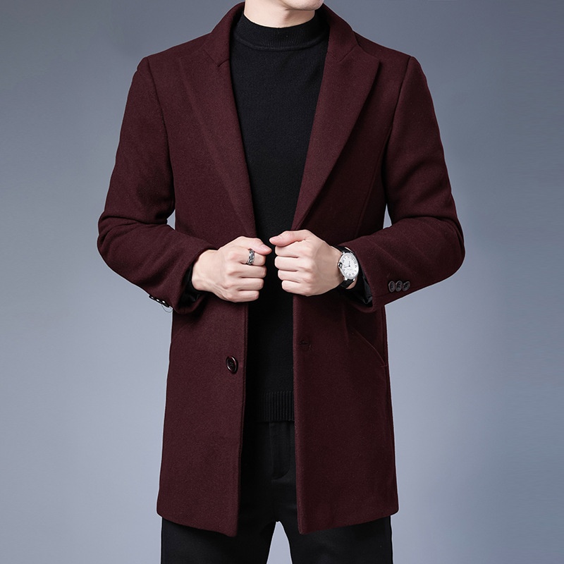 Boy Boy Boy Woll-Trenchcoat im koreanischen Stil, schmale Passform, Herbst/Winter 2025, trendiger, mittellanger Trenchcoat für Herren mittleren Alters, Wolljacke_voghion.com
