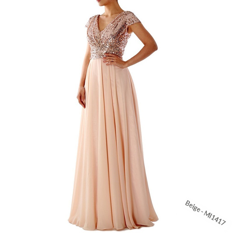 ChicShe 2025 Abito lungo da sera in chiffon patchwork con scollo a V e paillettes, nuovo commercio estero estivo_voghion.com