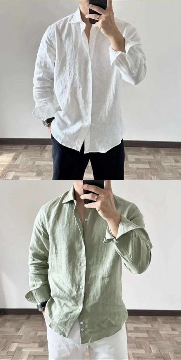 Camisa masculina casual de manga comprida, estilo europeu e americano, em algodão de alta qualidade, respirável e folgada, com proteção solar._voghion.com