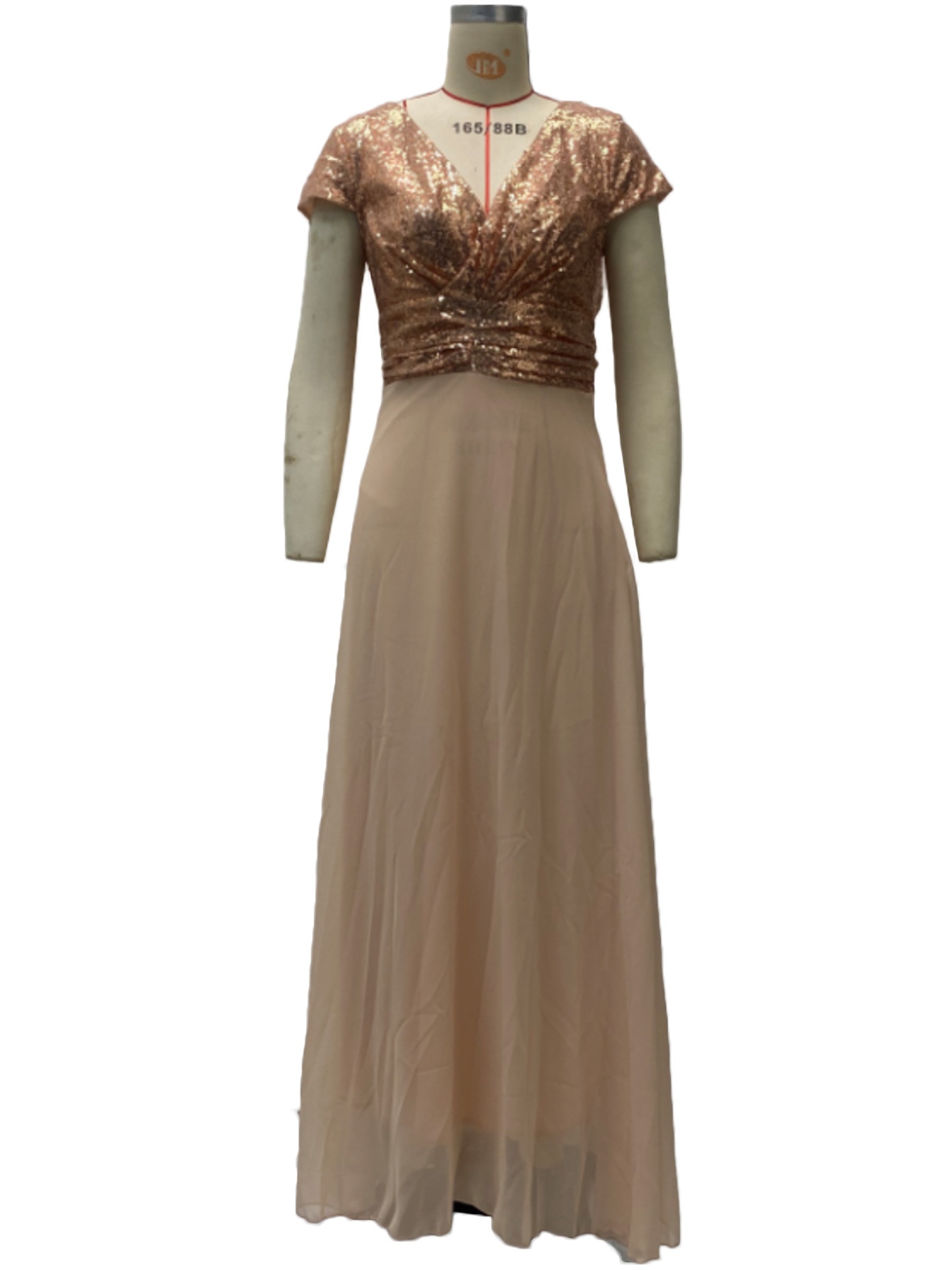 ChicShe 2025 Abito lungo da sera in chiffon patchwork con scollo a V e paillettes, nuovo commercio estero estivo_voghion.com