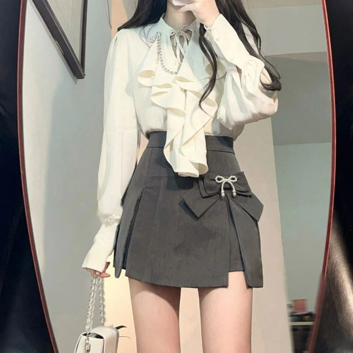 ChicShe 2025 Spring Summer New Women's Elegant Ruffled Blouse + Designer High Waist Bodycon Skirt Two-Piece Set_voghion.com