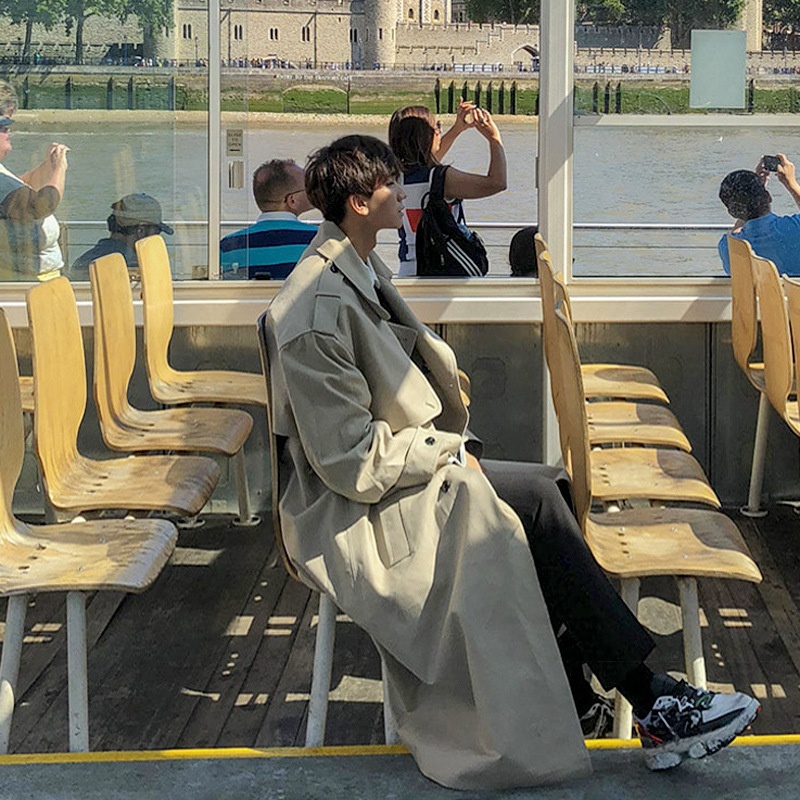 boy Boy Boy Autumn Winter Men's Hong Kong Style Double-Breasted Mid-Length Trench Coat Stylish Over-the-Knee Cape Loose Overcoat_voghion.com