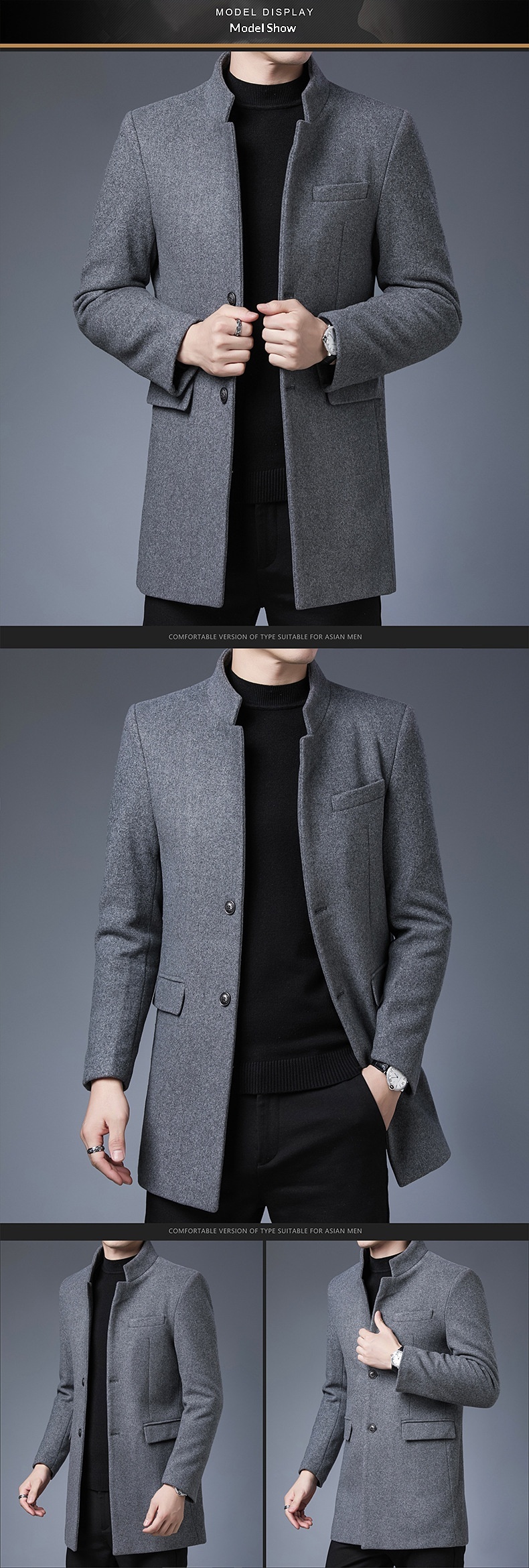 Boy Boy Boy Woll-Trenchcoat im koreanischen Stil, schmale Passform, Herbst/Winter 2025, trendiger, mittellanger Trenchcoat für Herren mittleren Alters, Wolljacke_voghion.com