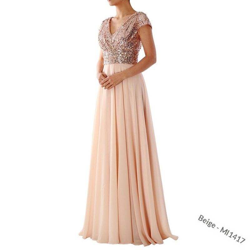 ChicShe 2025 Abito lungo da sera in chiffon patchwork con scollo a V e paillettes, nuovo commercio estero estivo_voghion.com