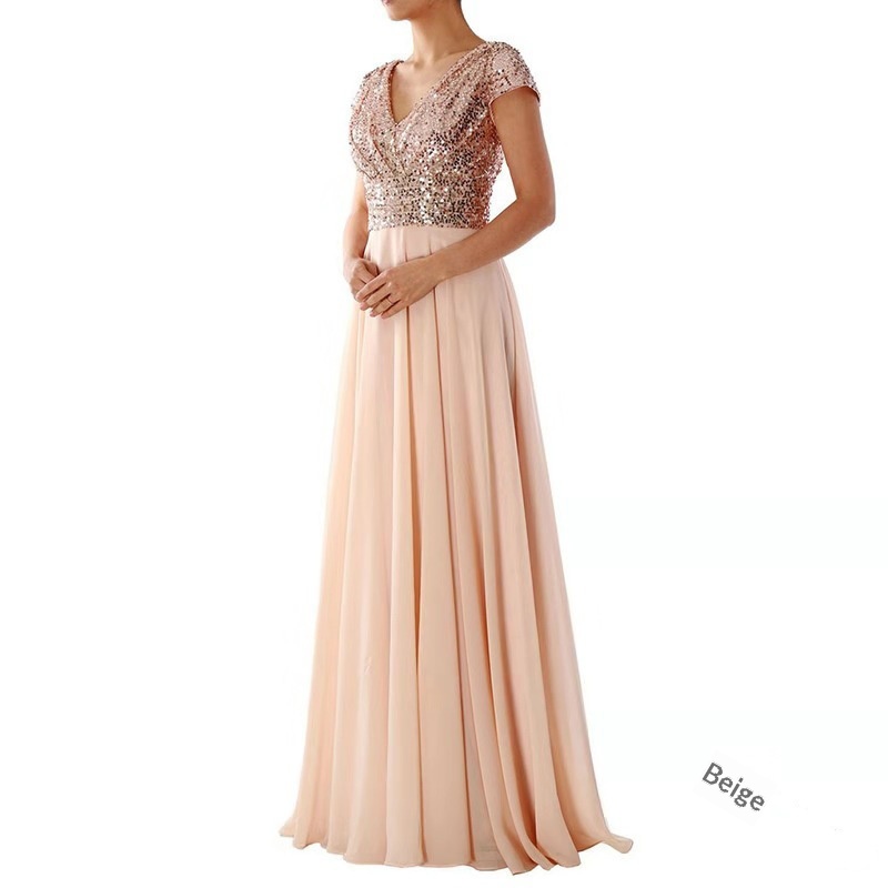 ChicShe 2025 Abito lungo da sera in chiffon patchwork con scollo a V e paillettes, nuovo commercio estero estivo_voghion.com