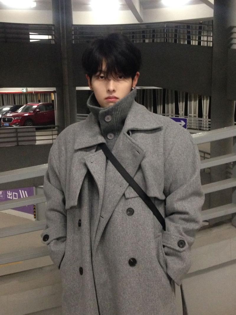 boy Boy Boy Gray For Men Winter Mid-Length Korean Style Trendy Trench Coat Crusu Civilian Woolen Jacket_voghion.com