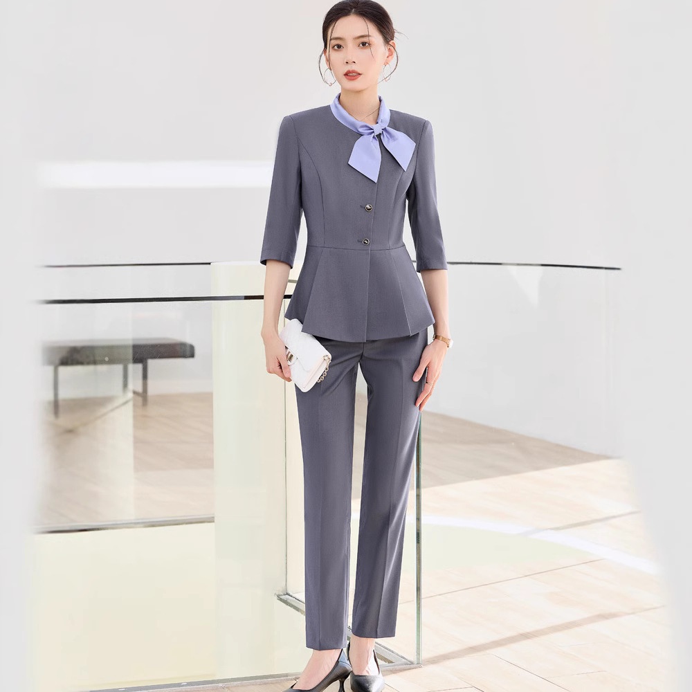 ChicShe Gray Professional Three-Quarter Sleeve Blazer Mid-Sleeve Women's Pants Skirt Two-Piece Set Spring Autumn Workwear_voghion.com