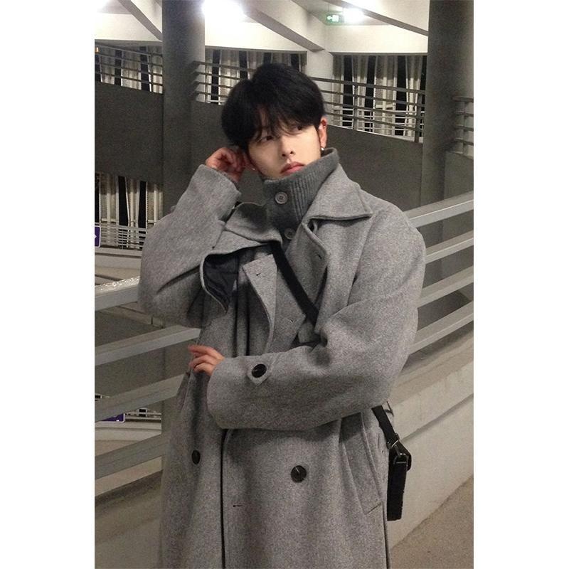 boy Boy Boy Gray For Men Winter Mid-Length Korean Style Trendy Trench Coat Crusu Civilian Woolen Jacket_voghion.com