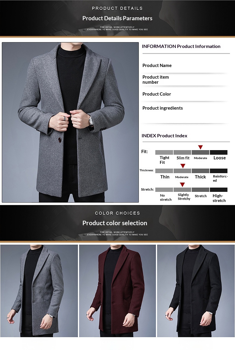 Boy Boy Boy Woll-Trenchcoat im koreanischen Stil, schmale Passform, Herbst/Winter 2025, trendiger, mittellanger Trenchcoat für Herren mittleren Alters, Wolljacke_voghion.com