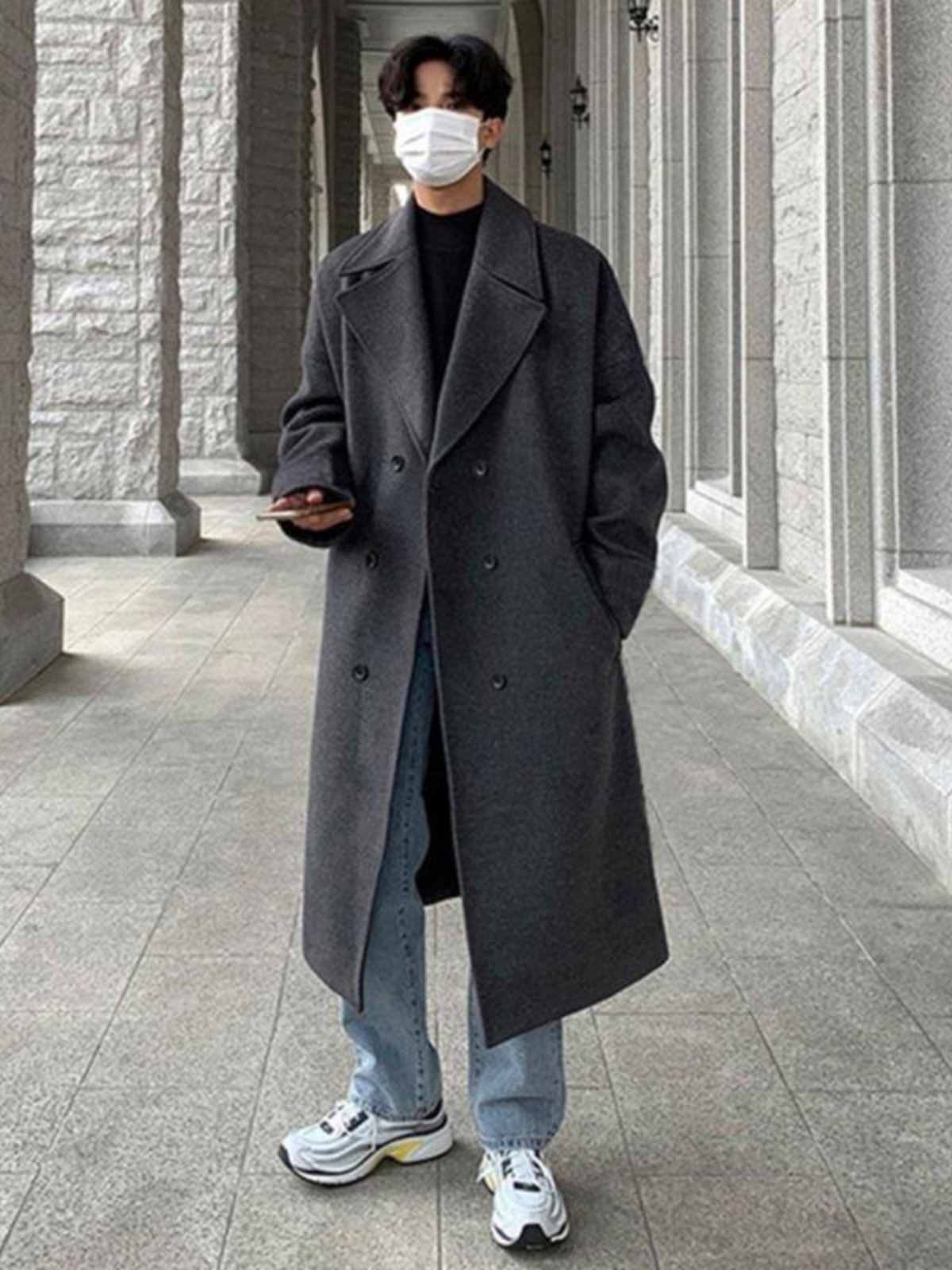 boy Boy Boy Winter Wool Coat For Men, Hong Kong Style, Mid-Length, Over-the-Knee, Thickened, Loose Fit, High-End Woolen Trench Coat,_voghion.com
