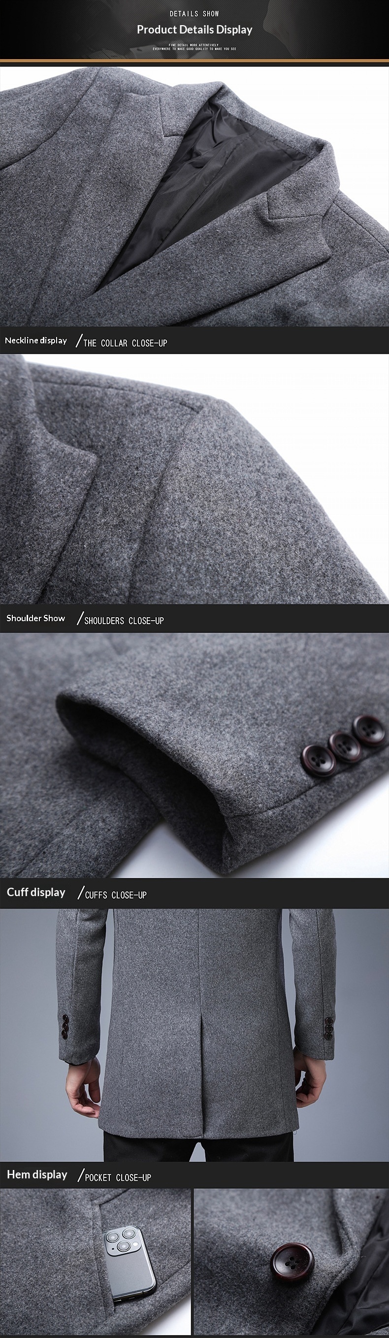 Boy Boy Boy Woll-Trenchcoat im koreanischen Stil, schmale Passform, Herbst/Winter 2025, trendiger, mittellanger Trenchcoat für Herren mittleren Alters, Wolljacke_voghion.com