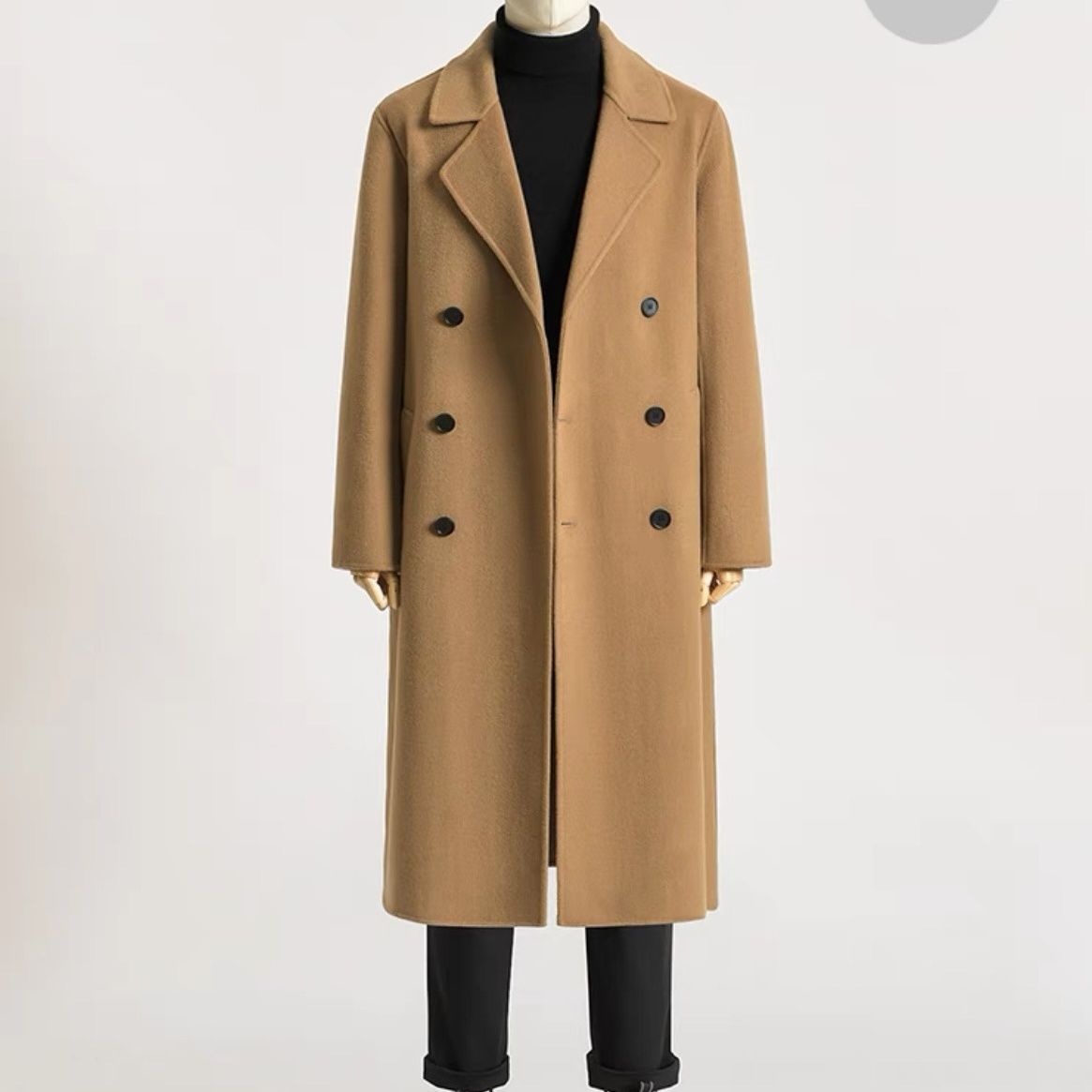 boy Boy Boy Autumn Winter Long Over-the-Knee Double-Sided Men Double-Breasted Korean Style Loose Woolen Trench Coat Black_voghion.com