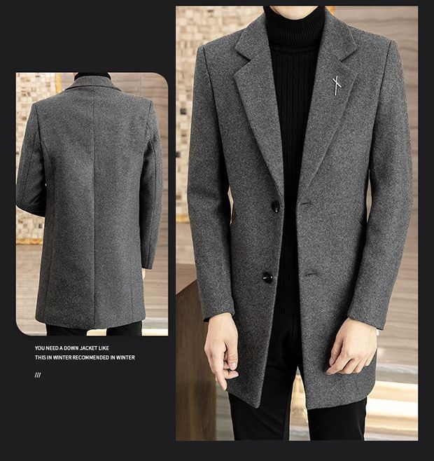 Manteau mi-long en laine style automne élégant hiver tendance coréen coupe slim pour homme_voghion.com