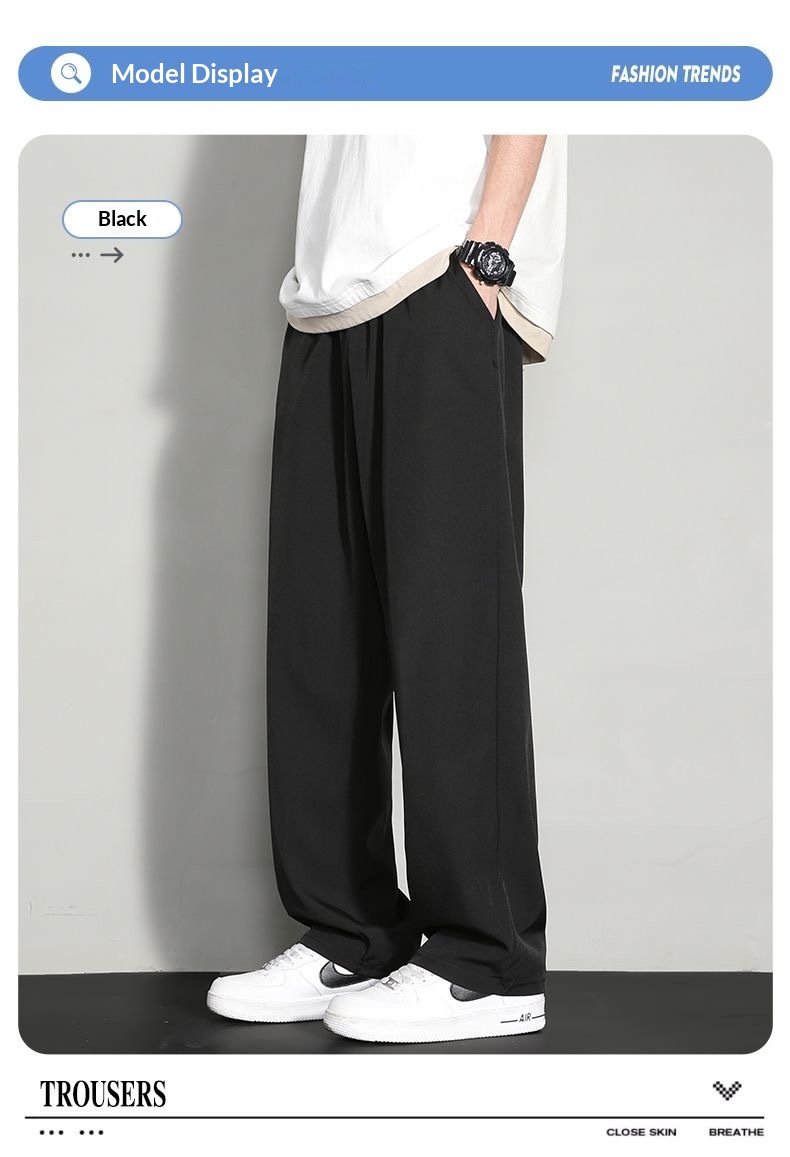 BOY BOY Silk Summer Thin Loose Wide Leg Sports Men Draped Dress Pants Straight Casual Trousers Ice Feel_voghion.com