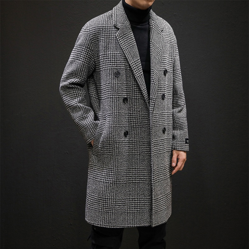 boy Boy Boy 2024 Autumn Winter Men's Wool Slim Fit Woolen Jacket Trench Plaid Double Breasted Mid-Length Coat White_voghion.com