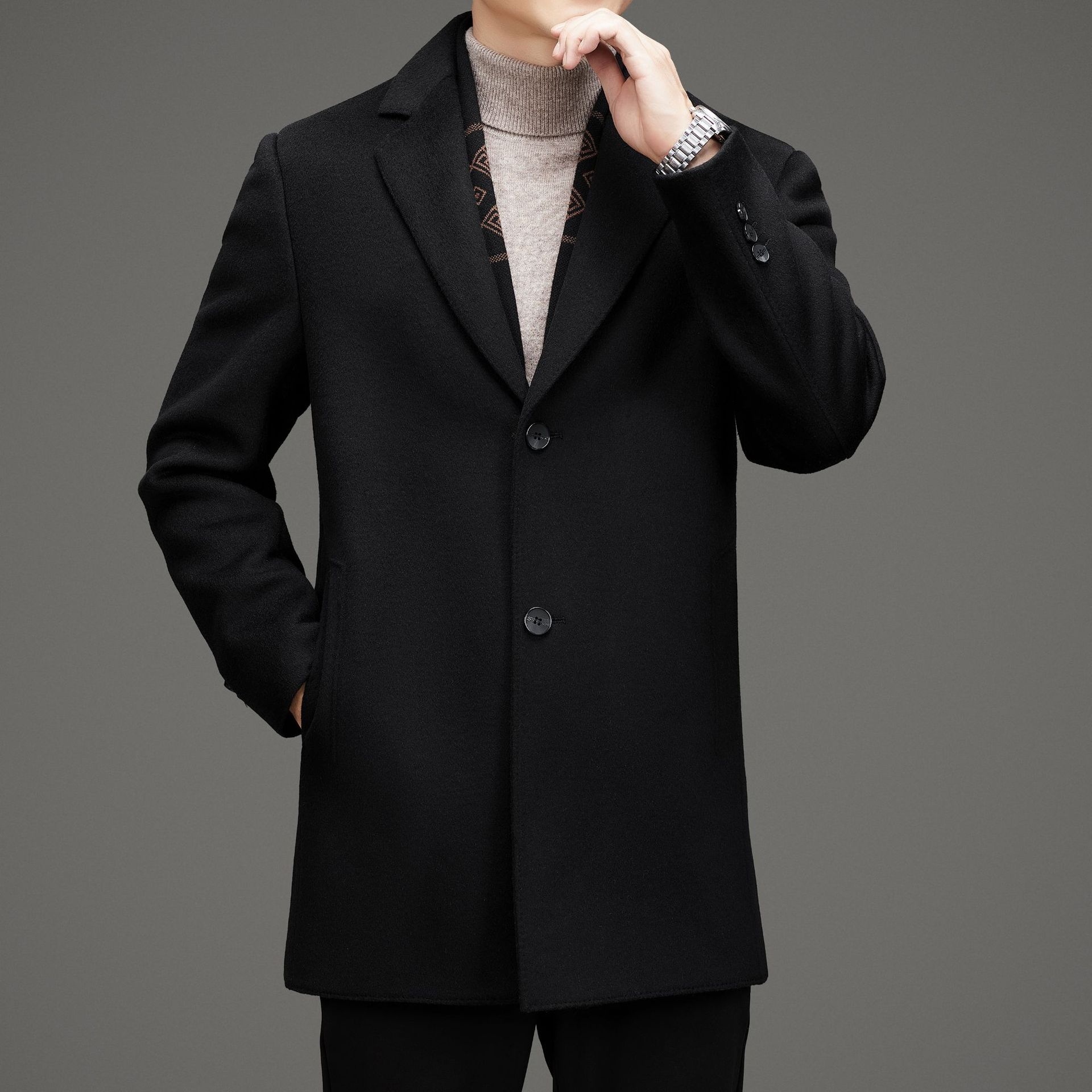 Herren-Herbst-Winter-Anzug, hochwertiger, fleecegefütterter Wollmantel, mittellange Jacke_voghion.com