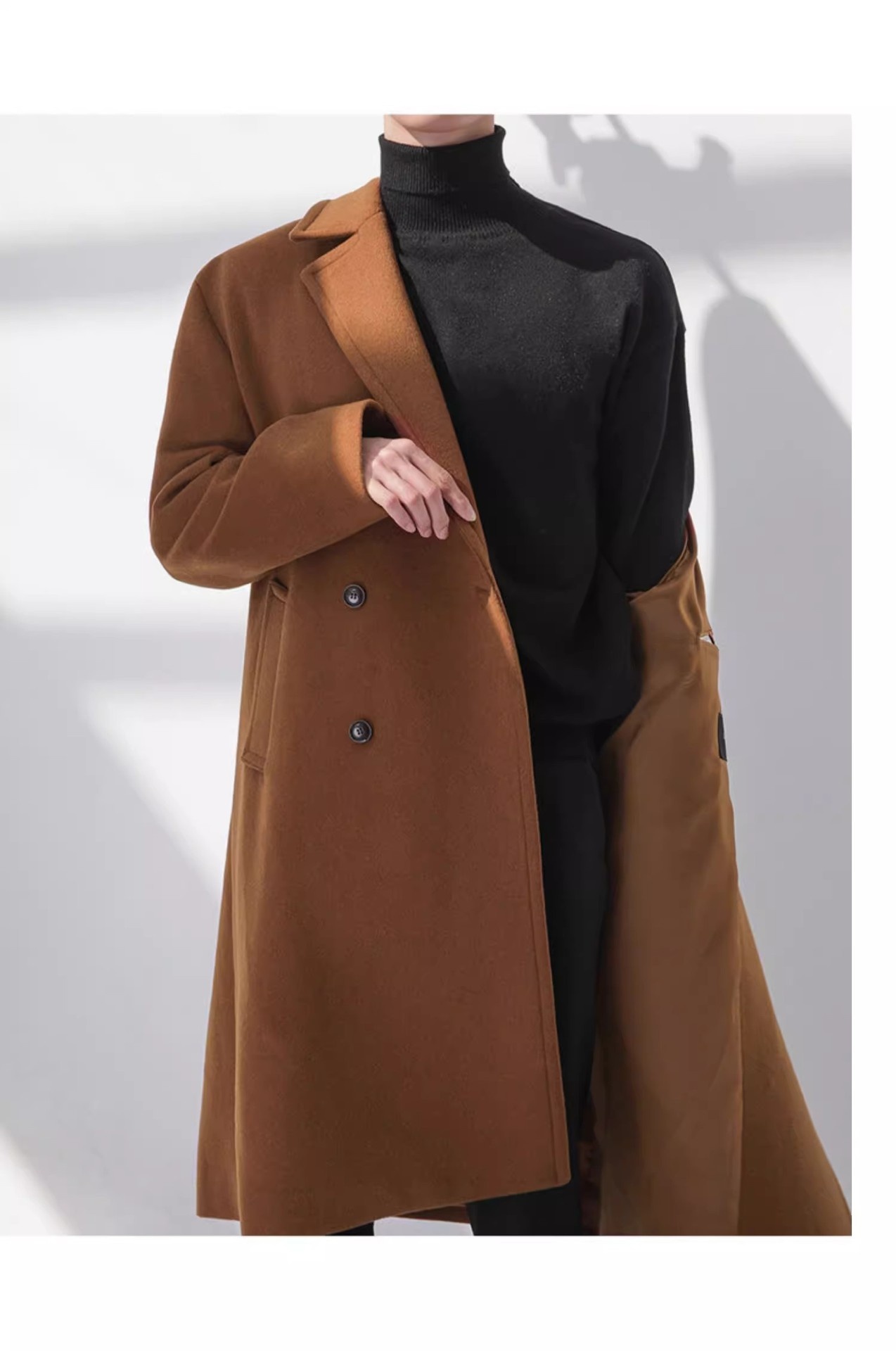 boy Boy Boy Trench Double-Breasted Black Mid-Length Coat Men's Autumn Winter Woolen Jacket_voghion.com