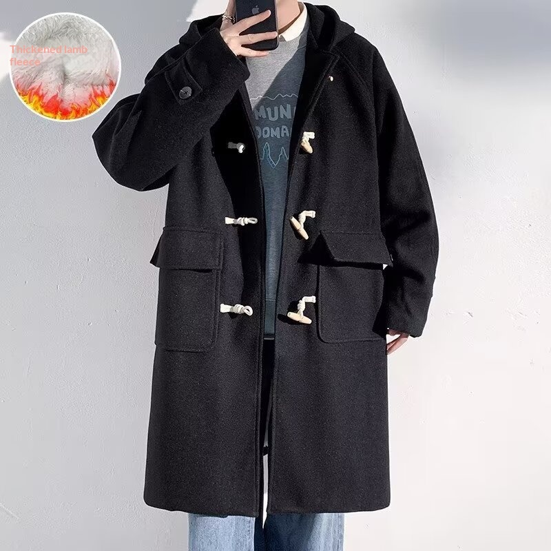boy Boy Boy 2025 Winter Men's Horn Button Thickened Lamb Wool Mid-Length Hooded Trench Plus Size Casual Woolen Coat Jacket_voghion.com