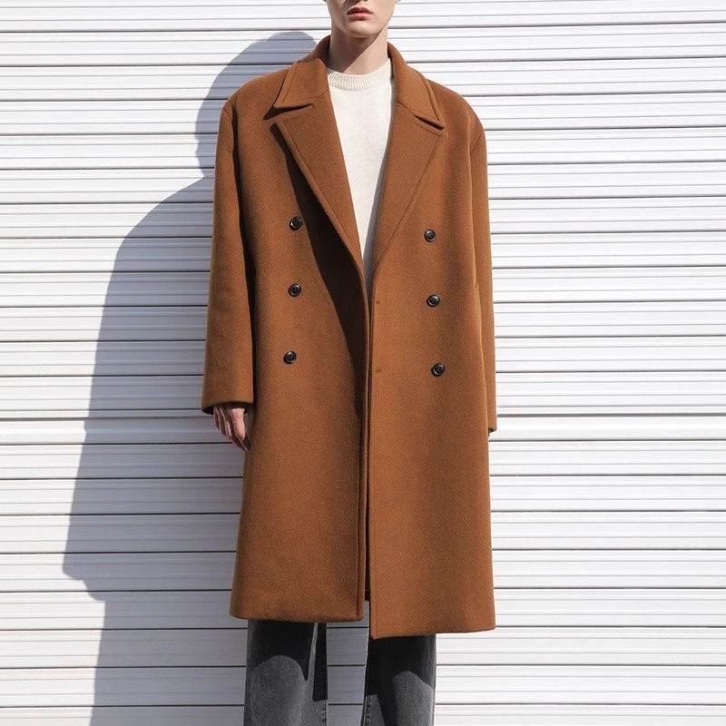 boy Boy Boy Trench Double-Breasted Black Mid-Length Coat Men's Autumn Winter Woolen Jacket_voghion.com