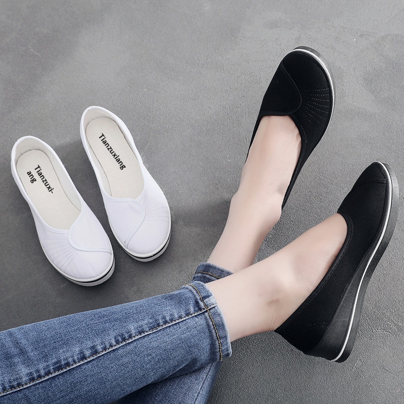 ShoeGlobe Nurse Shoes For Women, Wedge Soft Sole Non-Slip White Hospital Work Single Dance Black Cloth Shoes, Shallow Mouth_voghion.com