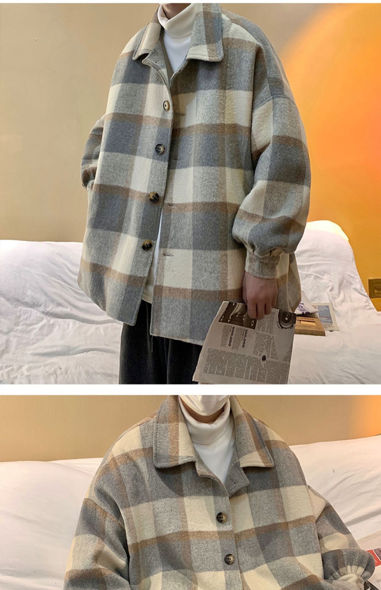 boy Boy Boy Plaid Wool Coat Men, Mid-Length, Autumn Trendy Trench Coat, Loose Fit, Winter Thickened Woolen Jacket For Men_voghion.com