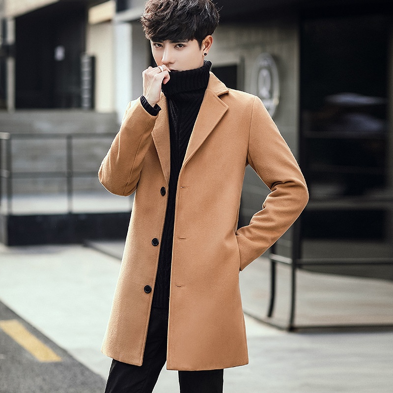 boy Boy Boy Autumn Winter New Wool Korean Style Slim Fit Mid-Length Trench Woolen Material Jacket Men's Coat_voghion.com
