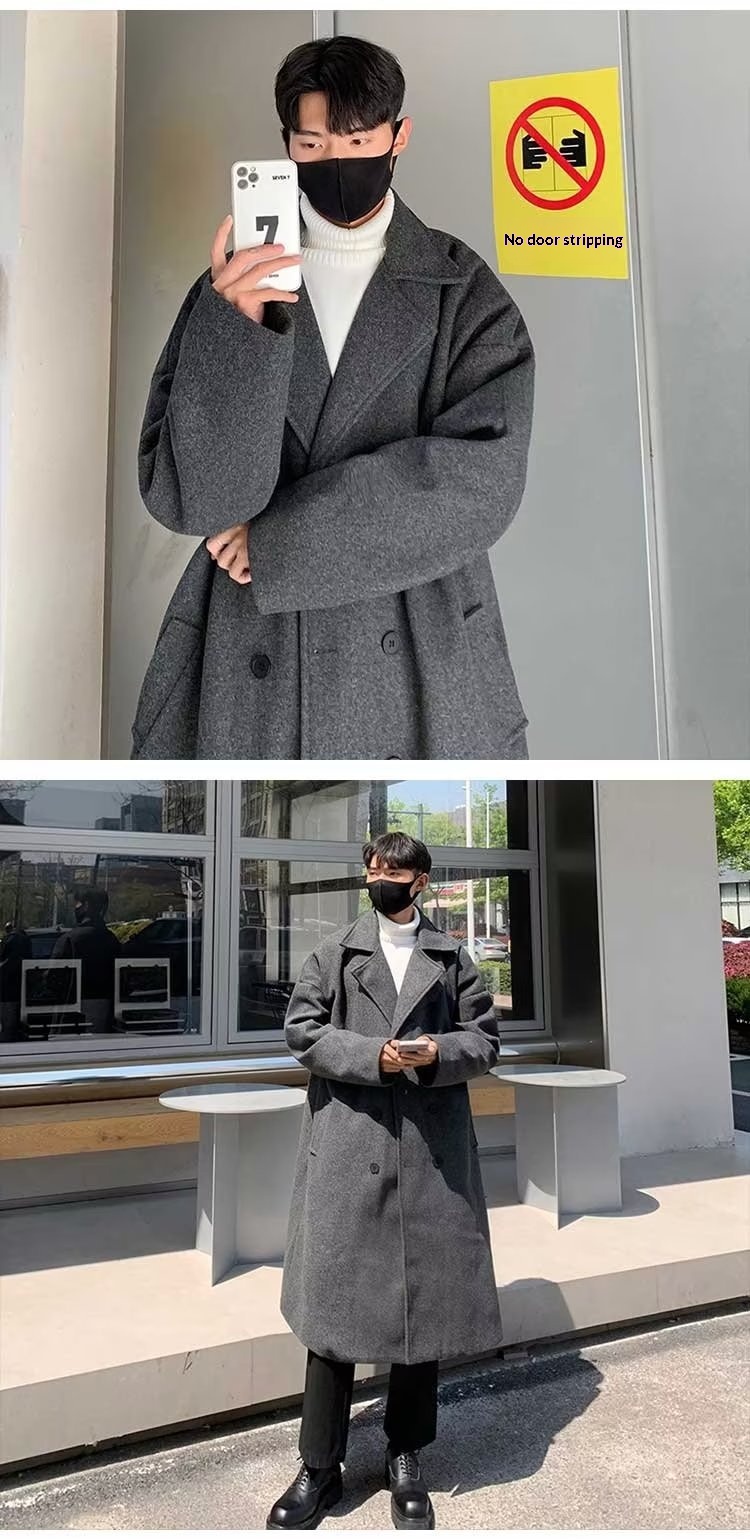 boy Boy Boy Double-Breasted Wool Coat For Men, Mid-Length Over-the-Knee Woolen Trench Coat, Autumn And Winter Korean Style, High-End_voghion.com