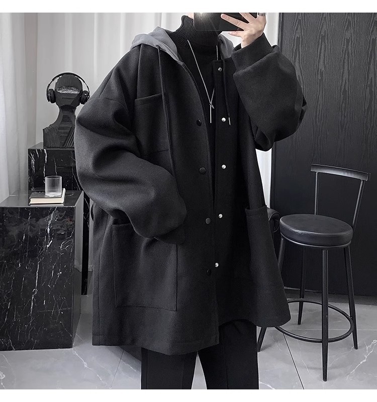 boy Boy Boy Quilted Hooded Wool Coat For Men, Mid-Leth Woolen Overcoat, Winter Thickened Black Korean Style Loose Fit Men's_voghion.com