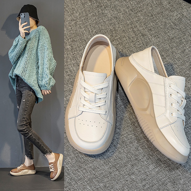 ShoeGlobe Damen-Sneaker aus Rindsleder mit dicker Sohle und Höhenverstärkung, weiß, Herbst 2025, Retro-Schnürung, atmungsaktiv, lässig_voghion.com