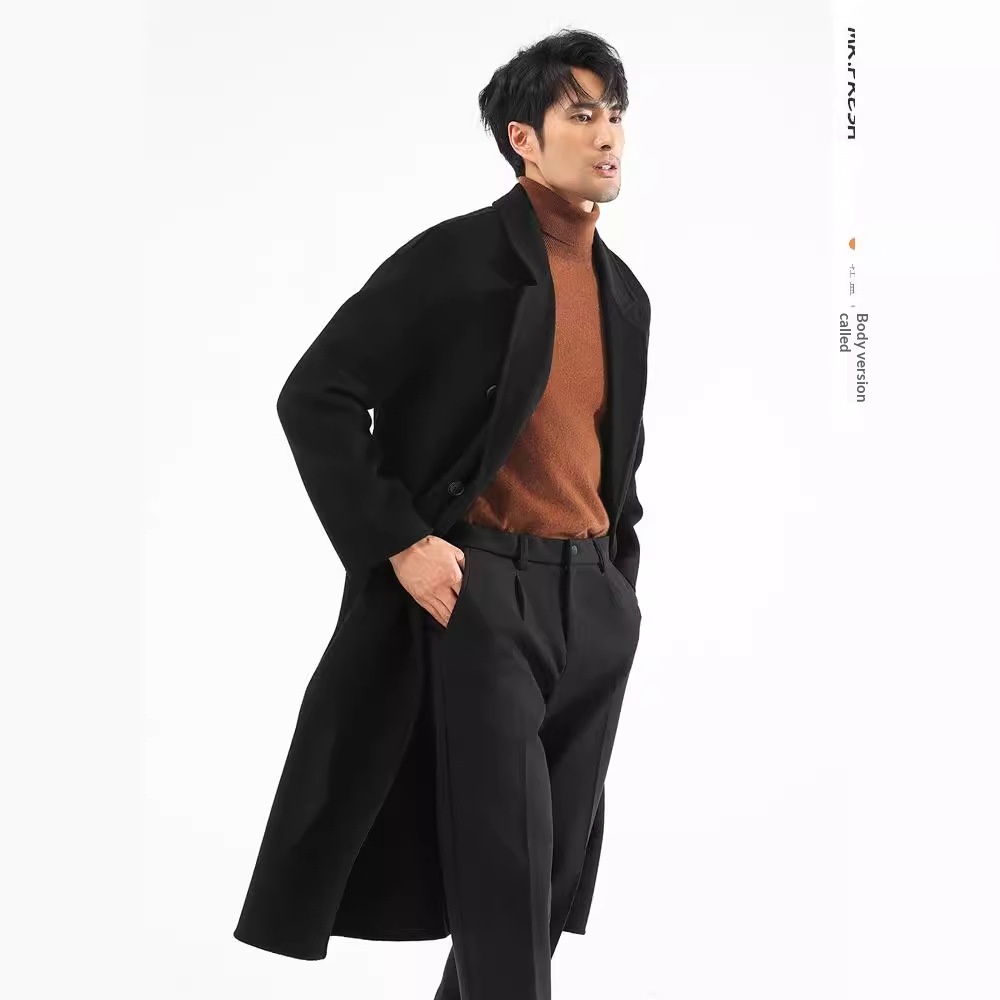 boy Boy Boy Autumn Winter Double-Sided Sheep Wool Men Long Over-the-Knee Double-Breasted Loose Korean Style Woolen Trench Coat_voghion.com