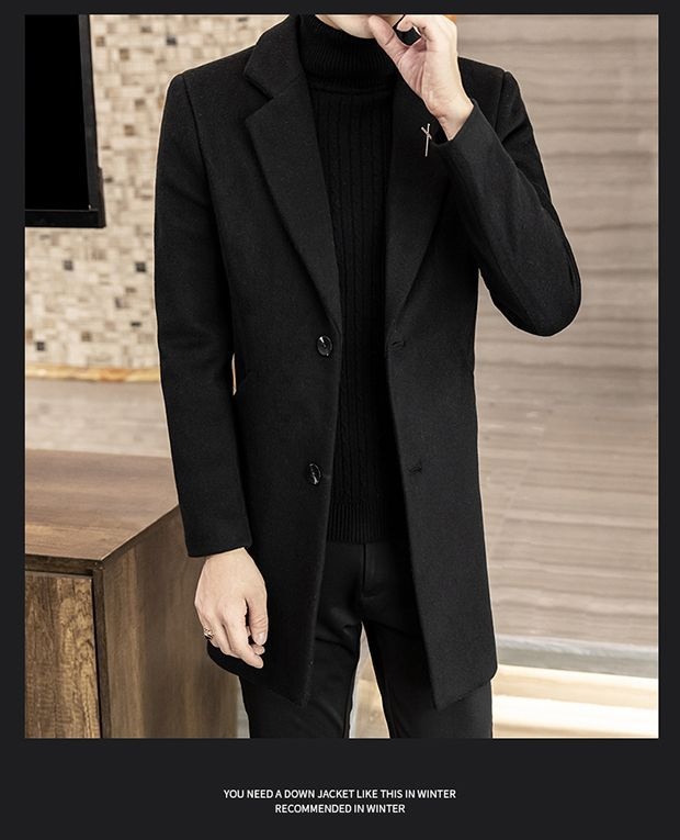 Manteau mi-long en laine style automne élégant hiver tendance coréen coupe slim pour homme_voghion.com